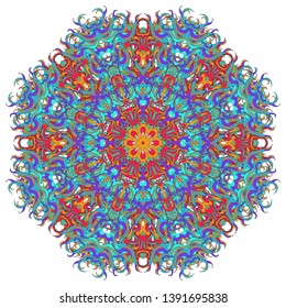Abstract radial decoration tracery. Indian circular pattern, ornamental floral mandala in green, blue and red colors. Adornment for meditation classes.