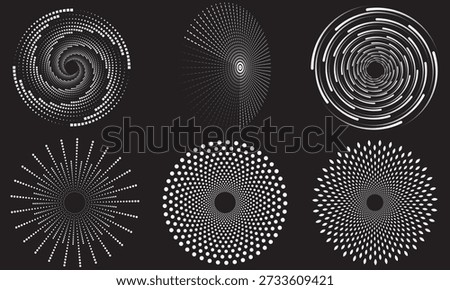Abstract Radial Dotted Spiral Pattern Collection on Black Background