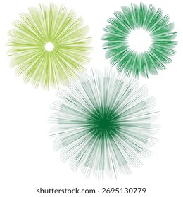 Abstract radial elements. Green vibrant sunbursts. Dynamic line Vector shapes. Energy motion illustration.