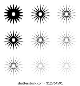 Abstract radial elements, radiating lines. Set of 9 version with different widths. Sunburst, starburst shapes.