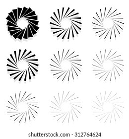 Abstract radial elements, radiating lines. Set of 9 version with different widths. Sunburst, starburst shapes.