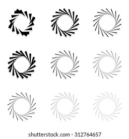 Abstract radial elements, radiating lines. Set of 9 version with different widths. Sunburst, starburst shapes.