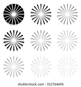 Abstract radial elements, radiating lines. Set of 9 version with different widths. Sunburst, starburst shapes.