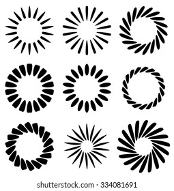 Abstract radial elements, radiating lines. Set of 9 different version.