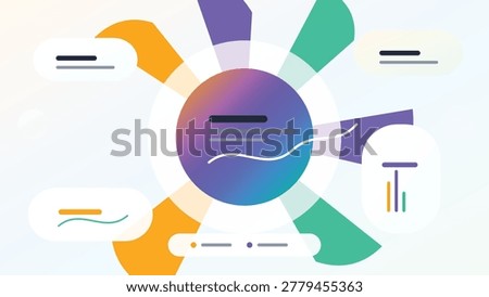 Abstract radial fintech dashboard featuring a colorful segmented analytics circle, gradient interface elements and modern presentation styling for innovative branding projects. The composition combines layered geometric structures, transparent infographic accents, smooth financial curves and balanced minimal shapes arranged within a clean atmospheric environment. Orange, violet, cyan and green gradients establish a vibrant futuristic appearance suitable for startup applications, software dashboards, website banners, digital marketing campaigns and business presentations focused on analytics systems, intelligent communication, financial visualization and modern corporate branding strategies worldwide today.