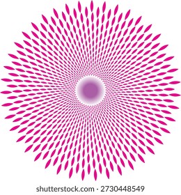 Abstract radial floral mandala vector design with vibrant pink petal shapes arranged in a circular geometric pattern. Modern decorative rosette ornament with symmetrical elements, suitable for backgrounds, branding, textile prints, wallpapers, yoga, meditation, and decorative design projects. Isolated on white background.