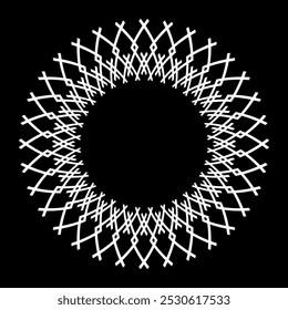 Abstractas círculo geométrico radial patrón de líneas blancas cruzadas sobre fondo negro. Elemento de diseño redondo decorativo. Arte vectorial.