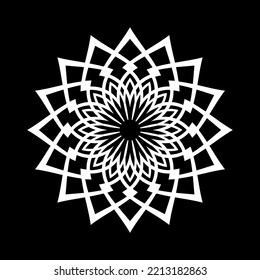 Resumen del patrón geométrico radial. Elemento de diseño blanco decorativo sobre fondo negro. Arte vector.