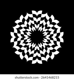 Abstract Radial Geometric White Floral Pattern on Black Background. Decorative Design Element. Vector Art.
