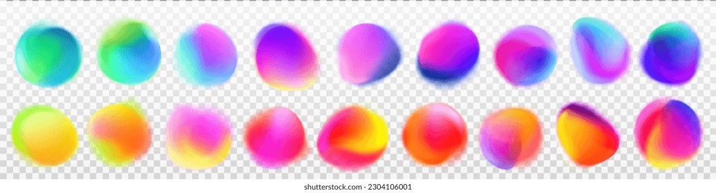 Abstract radial gradient blur purple neon light. Abstract circle blue, yellow and red cyber vector dot label. Glow round isolated soft color element set for headline. Futuristic holographic stain