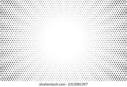 Abstract radial halftone background. Comic style retro sunburst pattern. Cartoon banner with dots and rays. Vintage halftone tone texture. Vector illustration.