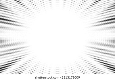 Abstract radial halftone background. Comic style retro sunburst pattern. Cartoon banner with dots and rays. Vintage halftone tone texture. Vector illustration.