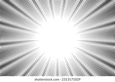 Abstract radial halftone background. Comic style retro sunburst pattern. Cartoon banner with dots and rays. Vintage halftone tone texture. Vector illustration.