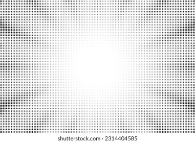 Abstract radial halftone background. Comic style retro sunburst pattern. Cartoon banner with dots and rays. Vintage halftone tone texture. Vector illustration.