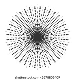 Abstrakter Radialer Halbtonkreis in schwarz-weiß. Retro gepunkteter Radialburst mit dynamischen Linien, perfekt für Poster, Logos, Labels, Vintage-Designs, Hintergründe oder dekorative grafische Elemente.