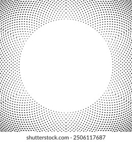 Patrón radial Abstractas de puntos y guiones de semitono con Espacio para texto circular en el centro. Arte vectorial.