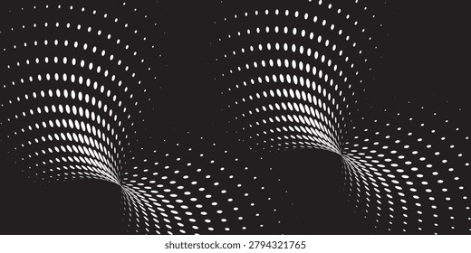 Abstract radial halftone pattern featuring white elliptical dots forming a symmetrical vortex shape on a dark background. Modern geometric design suitable for posters, digital artwork, technology themes, and contemporary graphic projects.