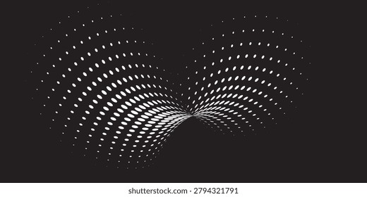 Abstract radial halftone pattern featuring white elliptical dots forming a symmetrical vortex shape on a dark background. Modern geometric design suitable for posters, digital artwork, technology themes, and contemporary graphic projects.
