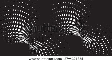 Abstract radial halftone pattern featuring white elliptical dots forming a symmetrical vortex shape on a dark background. Modern geometric design suitable for posters, digital artwork, technology themes, and contemporary graphic projects.