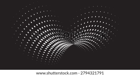Abstract radial halftone pattern featuring white elliptical dots forming a symmetrical vortex shape on a dark background. Modern geometric design suitable for posters, digital artwork, technology themes, and contemporary graphic projects.