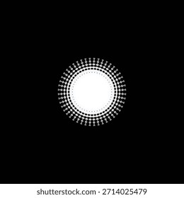 Abstractas patrón de semitono radial con círculo blanco brillante sobre fondo negro para el diseño moderno