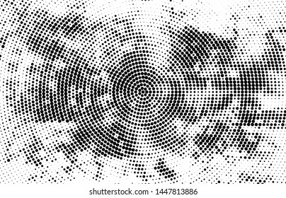 Abstract radial halftone texture. Monochrome background of black dots on white