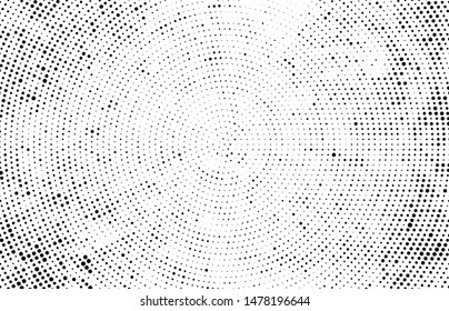 Abstract radial halftone texture. Monochrome background of black dots on white
