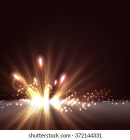 Abstract radial light background with glitter and firework. Red and yellow vector background with magic shine.