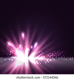 Abstract radial light background with glitter and firework. Violet and pink vector background with magic shine.