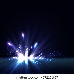 Abstract radial light background with glitter and firework. Blue vector background with magic shine.
