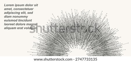 Abstract radial lines with dots at ends in semicircle form. Minimalist vector illustration of circular data burst or network connectivity. Technical background for web and print design.