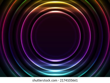 Abstract radial motion lines circles glowing neon luminous lighting effect bright energy rays on dark background. Vector illustration