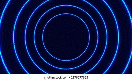 Abstract radial motion lines circles blue glowing neon luminous lighting effect bright energy rays with dots particles on dark background. Vector illustration