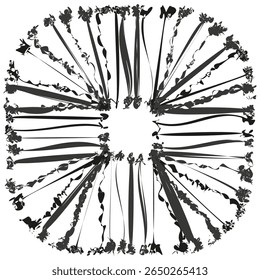 Abstract radial ornament. Cataclysmic burst symbol. Grungiest brushstroke Vector. Monochromatic geometrical composition.