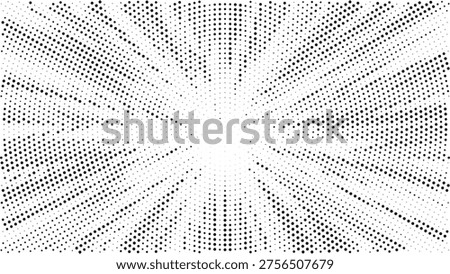 Abstract radial pattern of black dots emanating from the center, creating a dynamic burst effect on a white background.