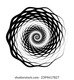 Abstract radial pattern. Circular geometric spiral shape. Round decorative shell concept. Black design element for logo, label, tag, emblem, poster, banner, icon, presentation. Vector illustration