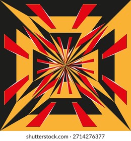 Patrón radial Abstractas. Vector dinámico de rayos solares. Colores negro, rojo y amarillo. Ilustración de diseño geométrico. EPS 10.