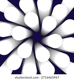 Patrón radial Abstractas de Formas cilíndricas blancas que irradian desde un centro azul oscuro, creando un estallido estelar o diseño floral con profundidad volumétrica