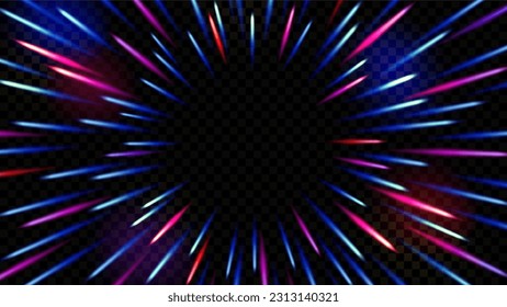 Abstrakte Radialstrahlen auf transparentem Hintergrund. Lichtgeschwindigkeit, Warp-Geschwindigkeit, Hyperspace oder Fireworks. Vektorgrafik.