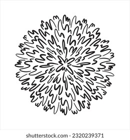 Abstract radial round background, black decoration. Circle shape water splash, burst, explosion. Chaotic pattern made of hand drawn doodle strokes, undulating lines, scribbles. Border, frame template.