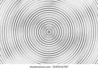 Abstract radial spin grunge halftone gradient texture. Faded grit noise background. Retro pixelated backdrop. Black and white anime or manga comic overlay. Vector graphic design textured halftone