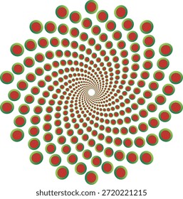 Abstract radial spiral design featuring red circles with green borders on a white background, ideal for hypnotic optical illusion art, modern branding, creative posters, or meditation visuals.