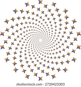 Abstractas diseño en espiral radial con vibrantes grupos de estrellas azules y doradas sobre un fondo blanco ideal para carteles de ilusión óptica hipnóticos de marca festiva y fondos digitales