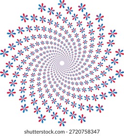Abstractas diseño en espiral radial con motivos florales de seis pétalos en gradiente rojo y azul sobre un fondo blanco ideal para pósters de ilusión óptica hipnóticos de marca moderna y fondos digitales creativos