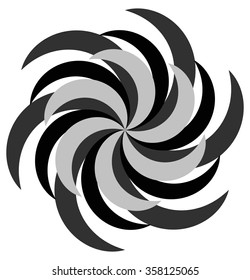 Abstract radial spiral, twirl or swirl element. Rotating radiating lines. Abstract monochrome vector element.
