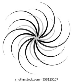 Abstract radial spiral, twirl or swirl element. Rotating radiating lines. Abstract monochrome vector element.