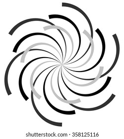 Abstract radial spiral, twirl or swirl element. Rotating radiating lines. Abstract monochrome vector element.