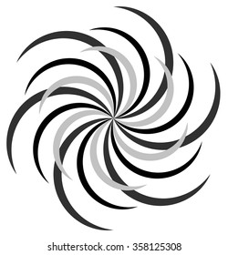 Abstract radial spiral, twirl or swirl element. Rotating radiating lines. Abstract monochrome vector element.