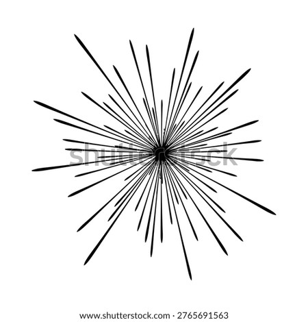 Abstract radial starburst of black lines emanating from a central point, creating a sharp, symmetrical explosion pattern.