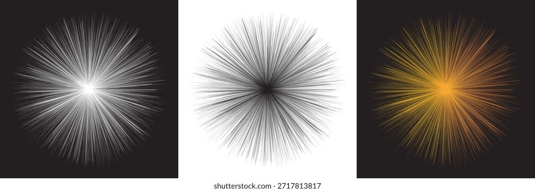 Patrón de línea radial Abstractas de estallido estelar. Abstractas líneas radiales en blanco y negro que forman una explosión estelar aguda, que representa la energía, el movimiento y la explosión dinámica sobre un fondo limpio. EPS10AI.